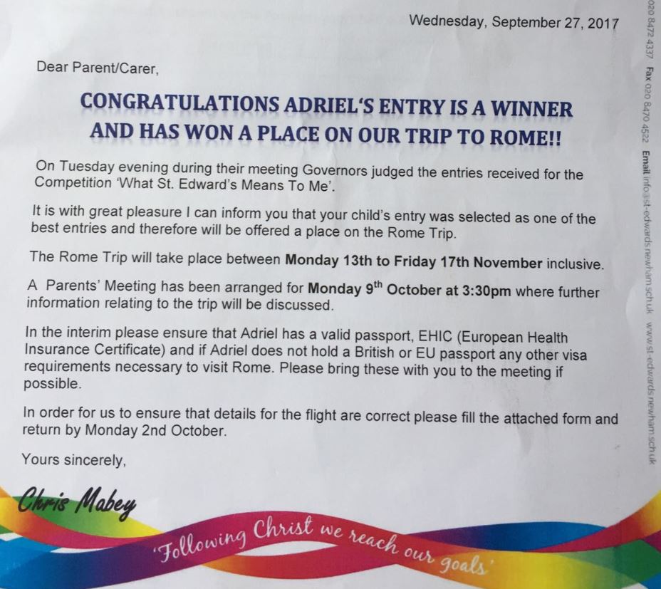 My Son Adriel Year 5 to Vatican Entry – Result